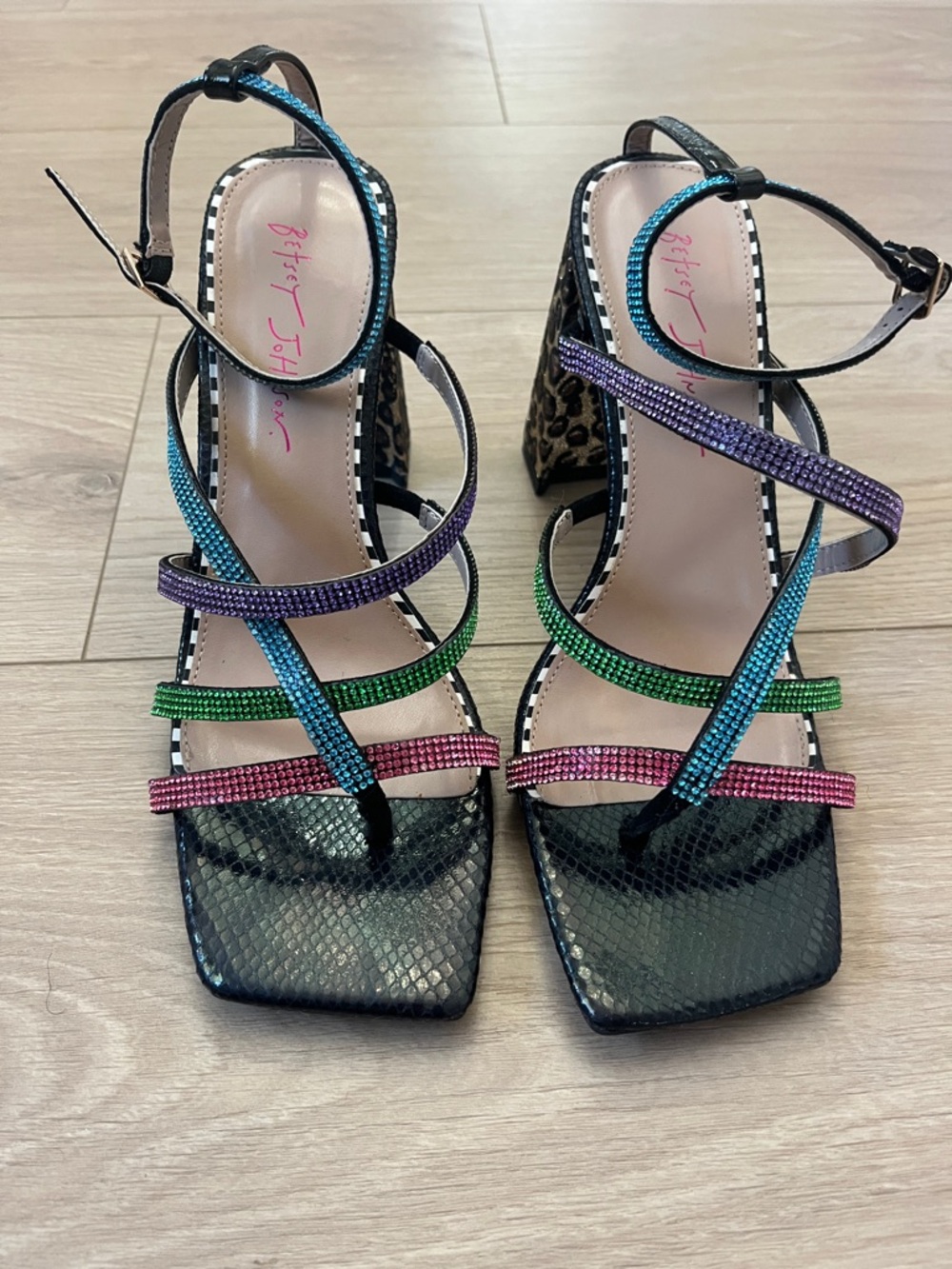 Betsey Johnson Rainbow Crystal Strappy Leopard Block Heels